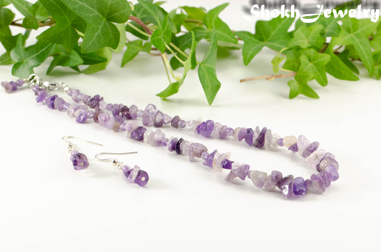 Natural Amethyst Crystal Chip Choker Necklace and Earrings Set