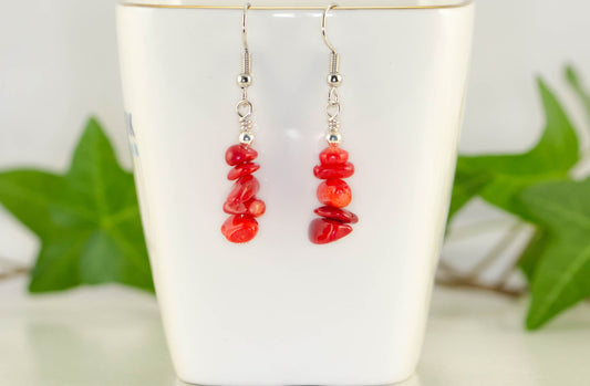 Simple Red Dyed Bamboo Coral Chip Earrings