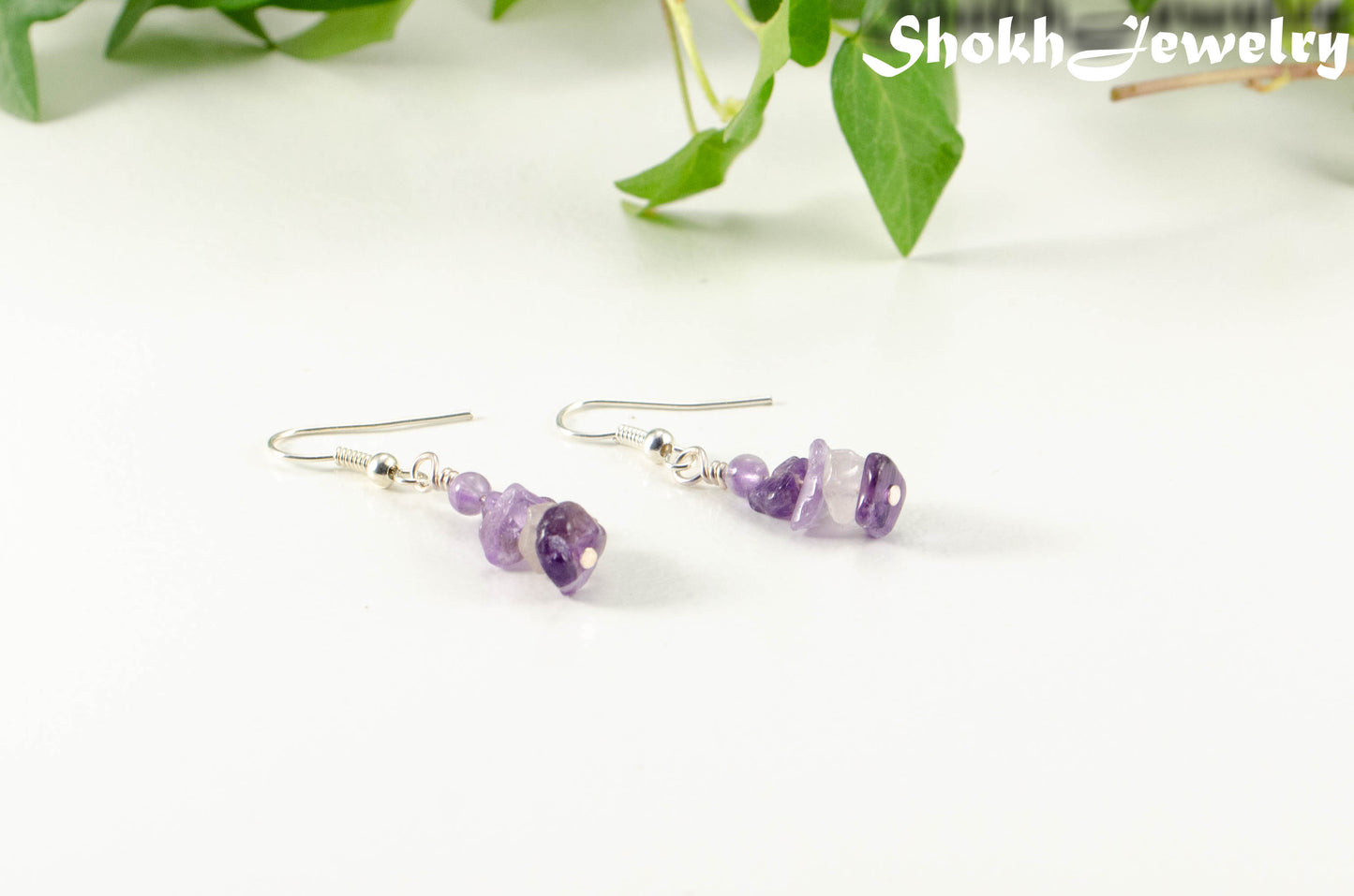 Simple Amethyst Crystal Chip Earrings.