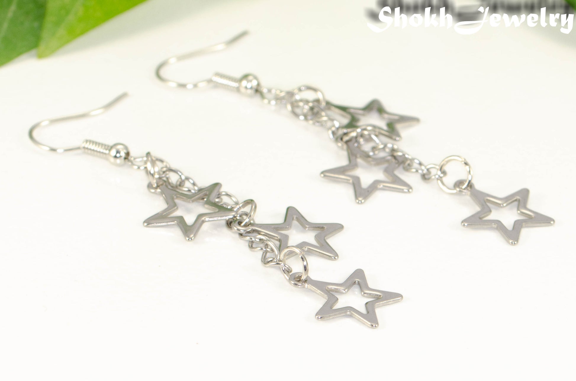 Close up of Stainless steel chain and star earrings