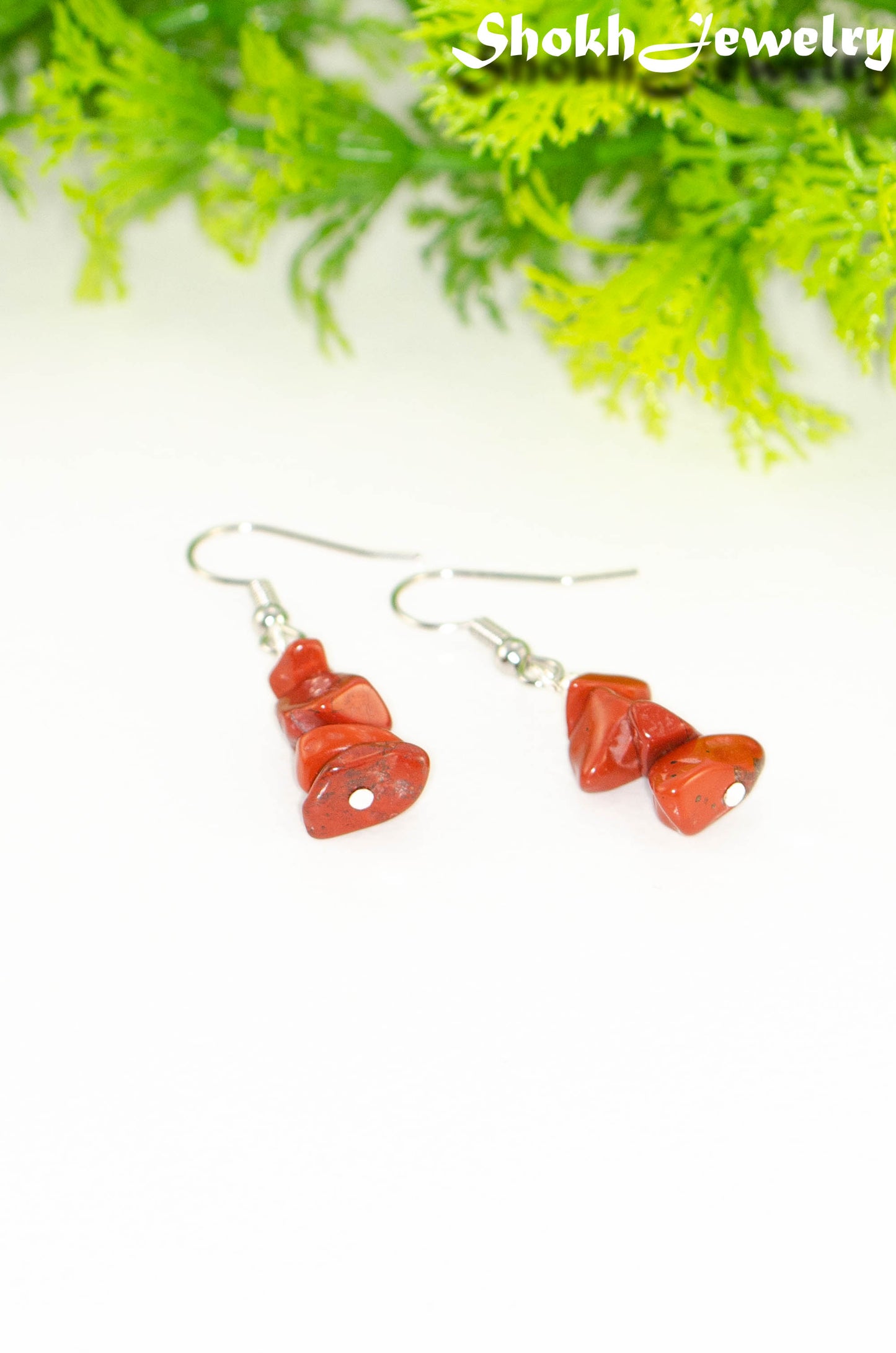 Close up of Simple Red Jasper Crystal Chip Earrings.