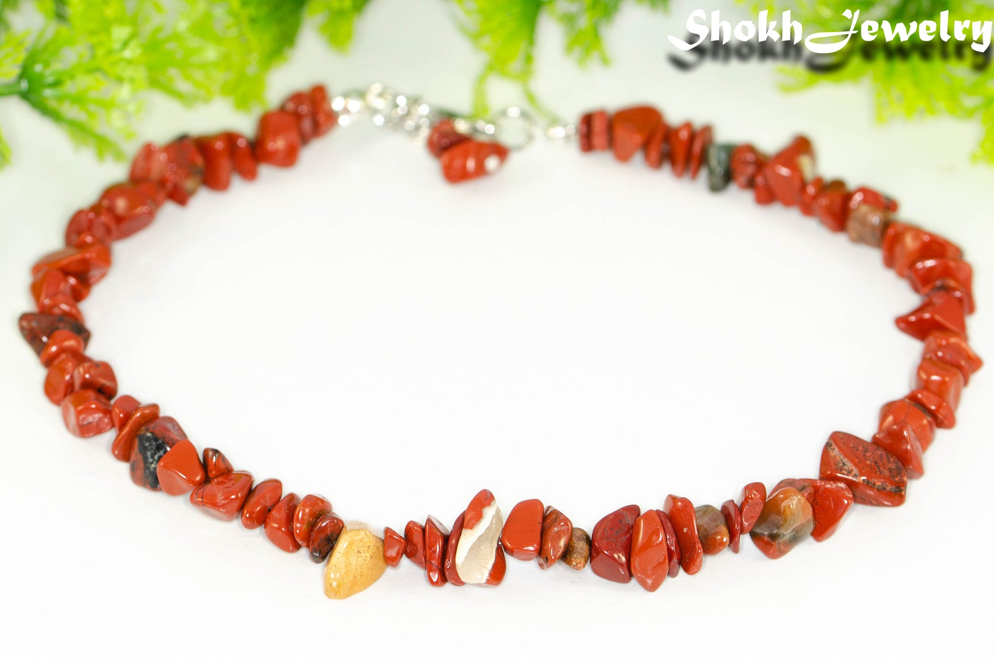 Close up of Natural Red Jasper Crystal Chip Choker Necklace