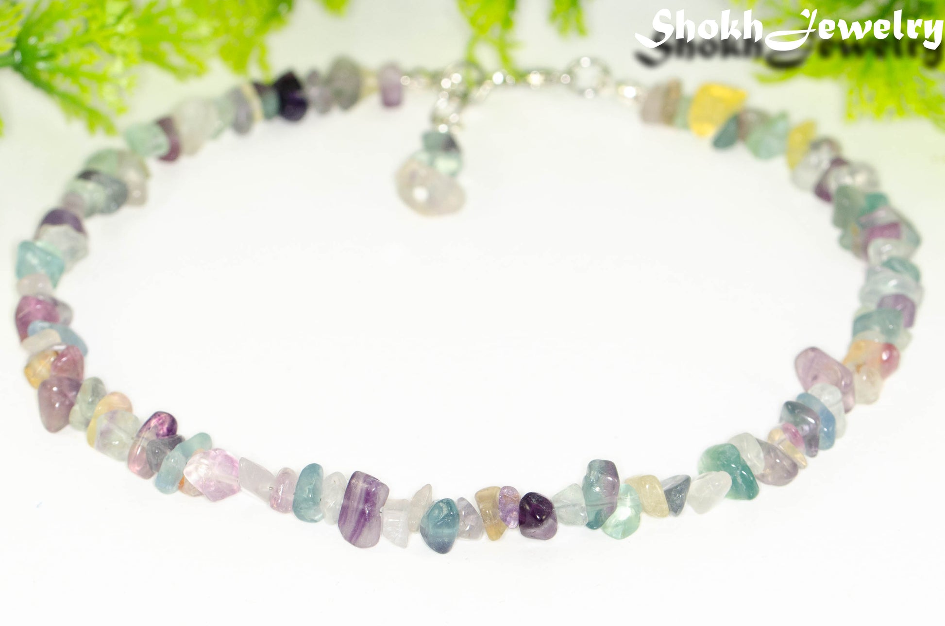 Close up of Natural Rainbow Fluorite Crystal Chip Choker Necklace