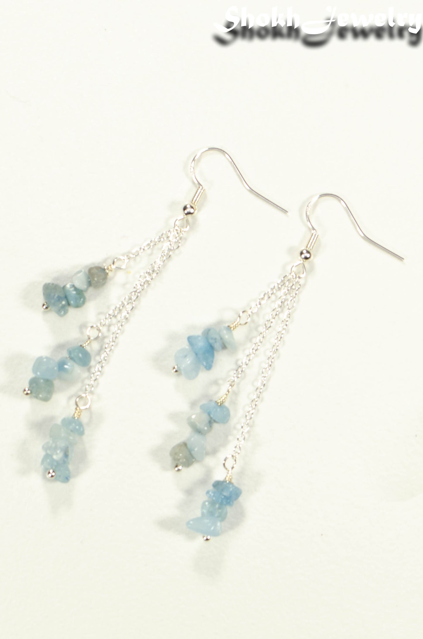 Long Silver Plated Chain and Aquamarine Crystal Chip Earrings