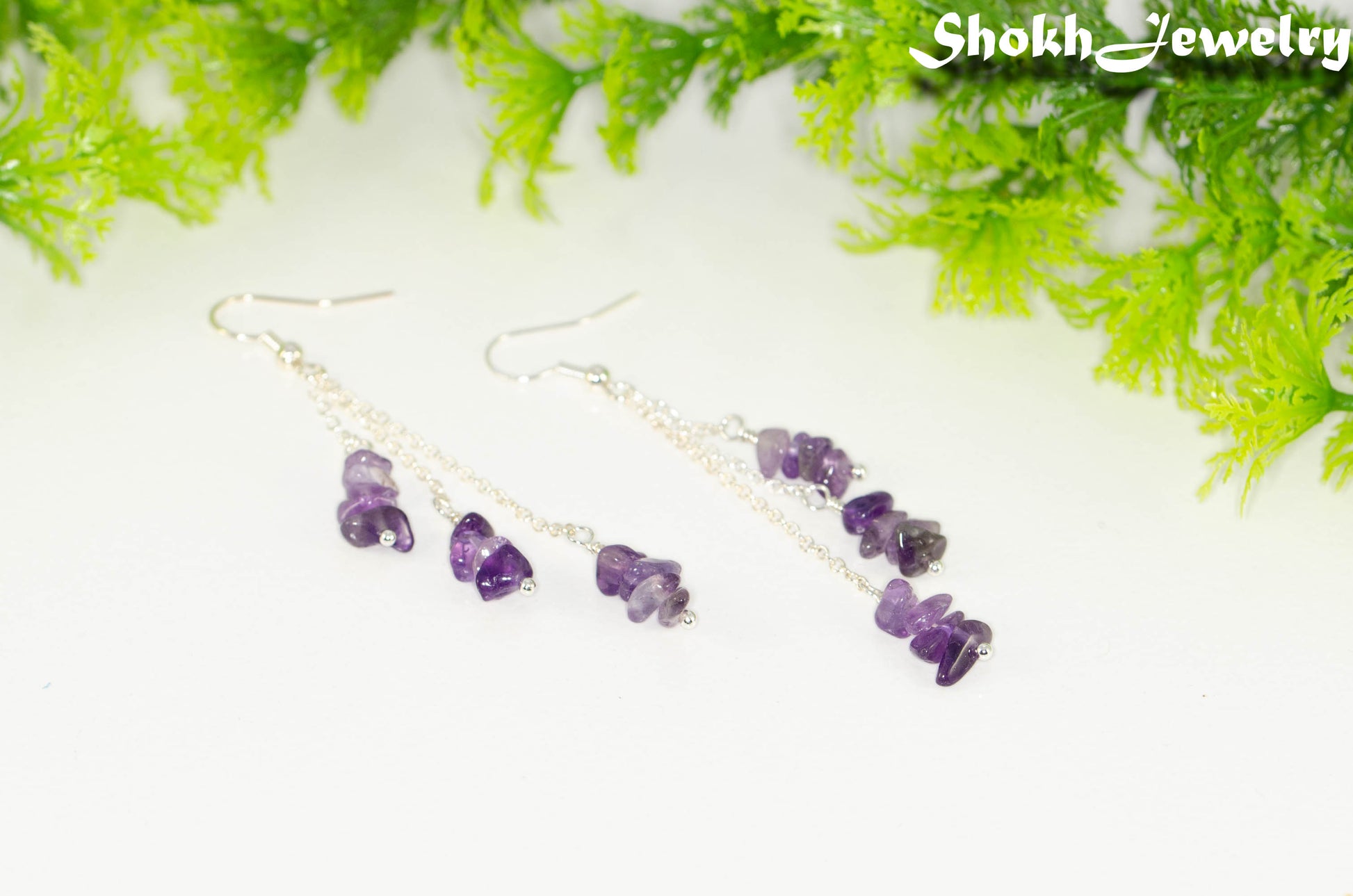 Long Silver Plated Chain and Amethyst Crystal Chip Earrings