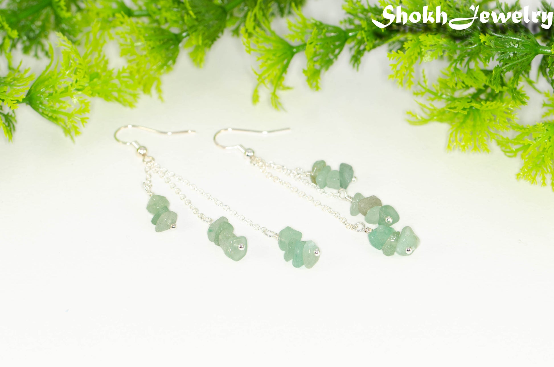 Long Silver Plated Chain and Green Aventurine Crystal Chip Earrings