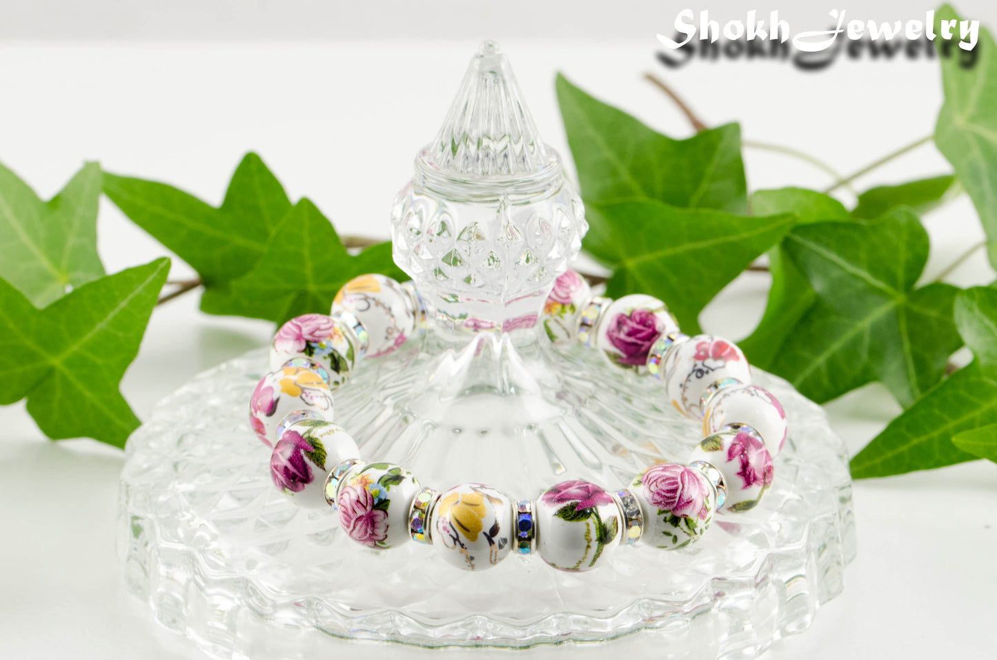 12mm Ceramic Pink Flower Bracelet.