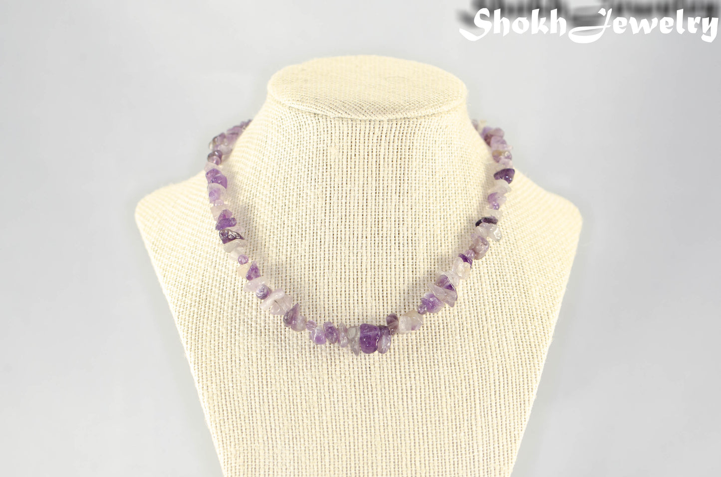 Natural Amethyst Crystal Chip Choker Necklace on a bust