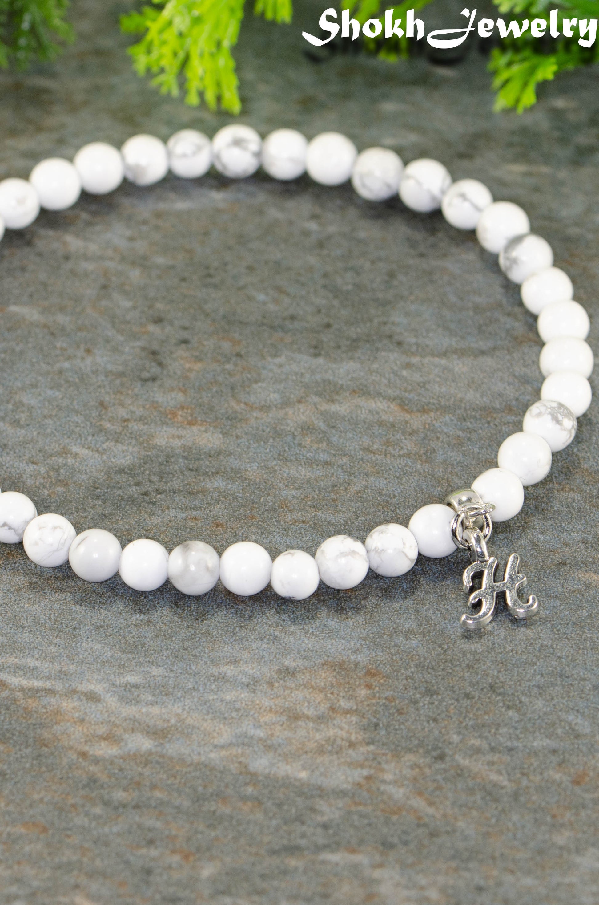 Close up of 4mm White Howlite Bracelet with Initial.