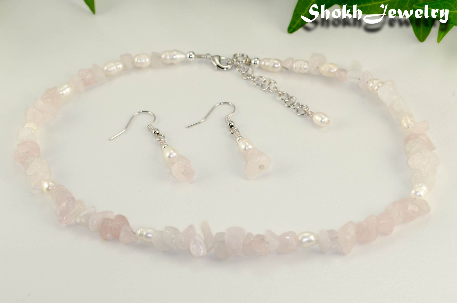Natural Rose Quartz Chip and Pearl Choker Necklace and Earrings Set