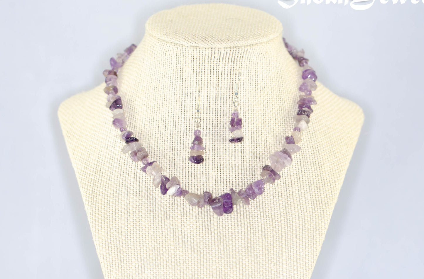 Natural Amethyst Crystal Chip Choker Necklace and Earrings Set on a bust