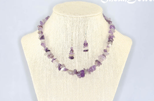 Natural Amethyst Crystal Chip Choker Necklace and Earrings Set on a bust