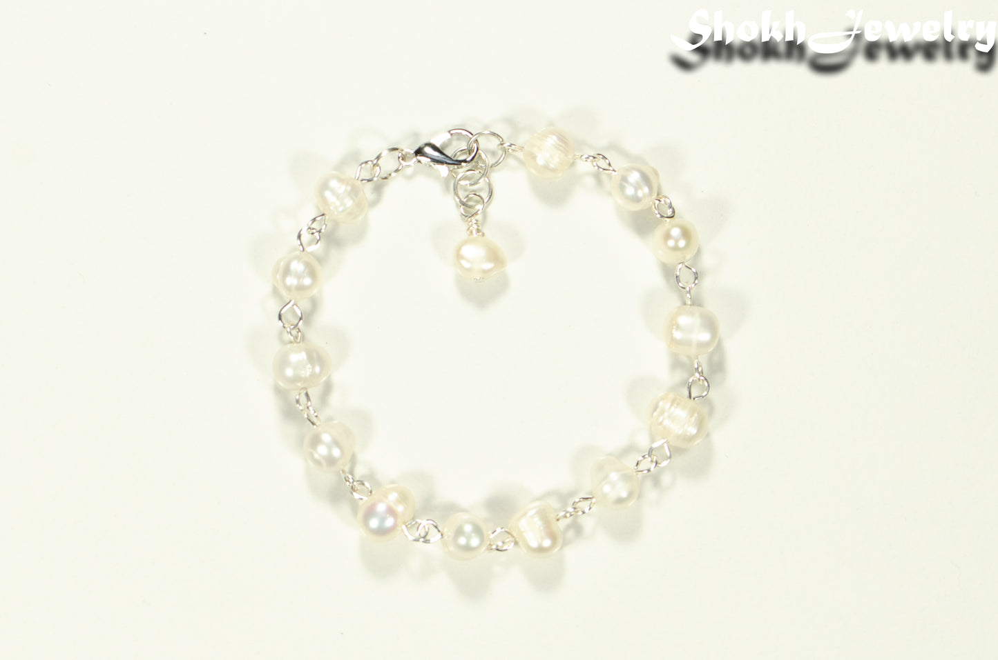 Top view of Handmade Freshwater Pearls Link Chain Bracelet