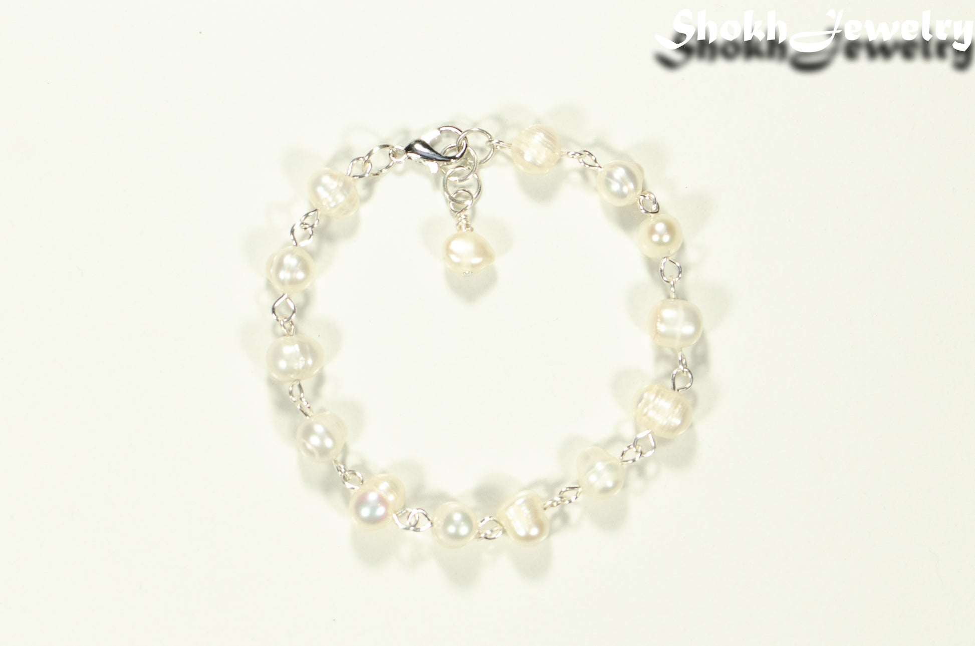 Top view of Handmade Freshwater Pearls Link Chain Bracelet