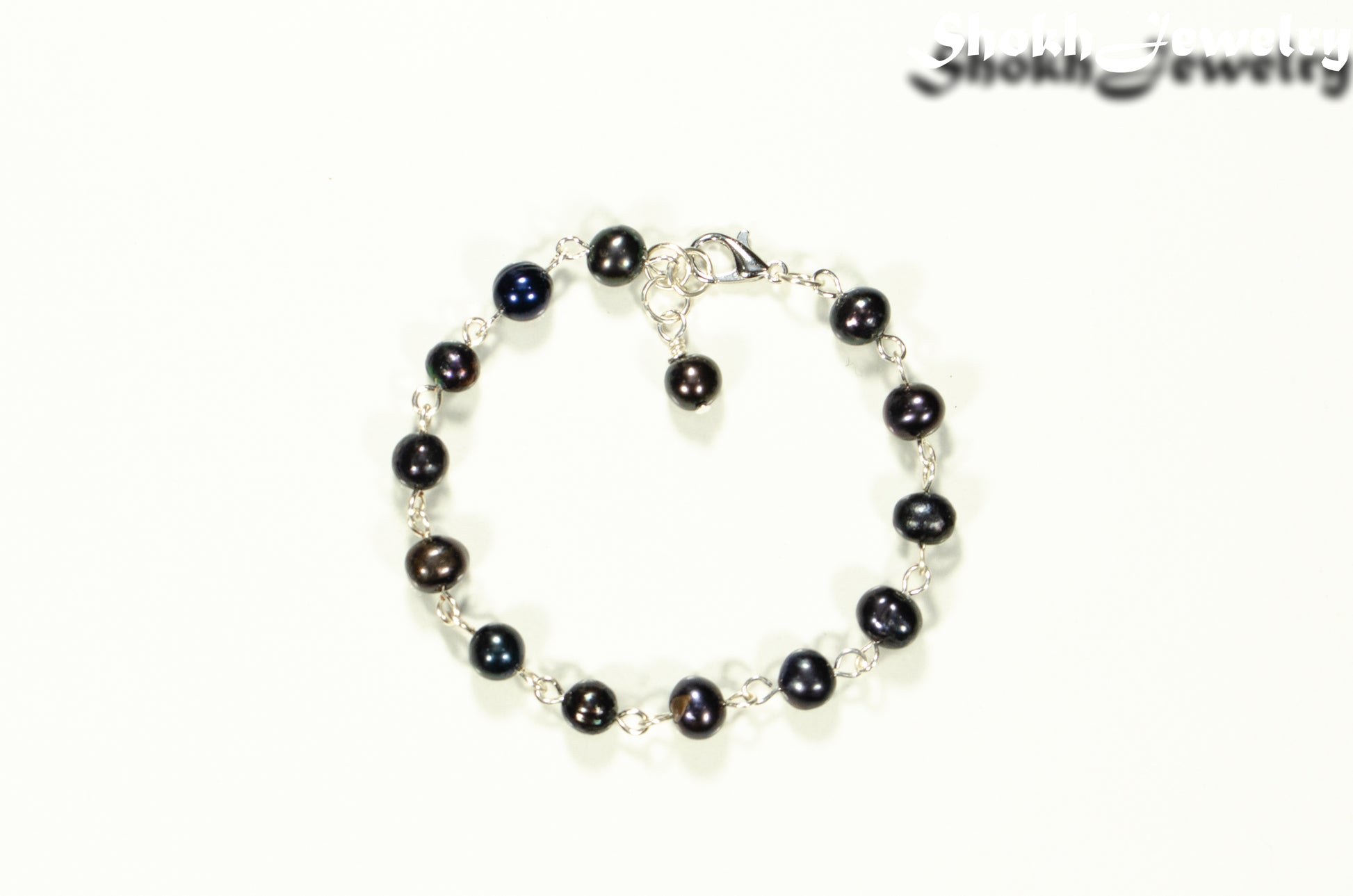 Top view of Handmade Black Freshwater Pearls Link Chain Bracelet