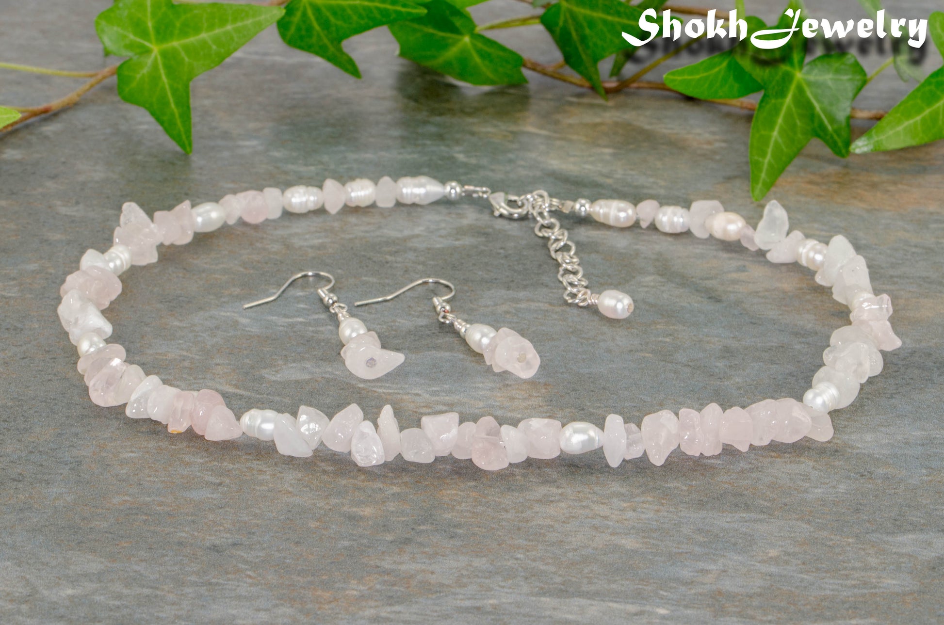 Natural Rose Quartz Chip and Close up of Pearl Choker Necklace and Earrings Set