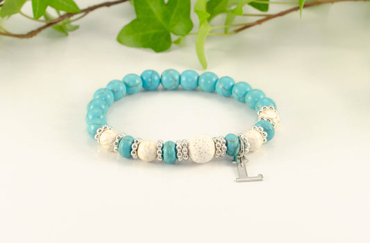 Turquoise Howlite and Lava Stone Bracelet with Initial