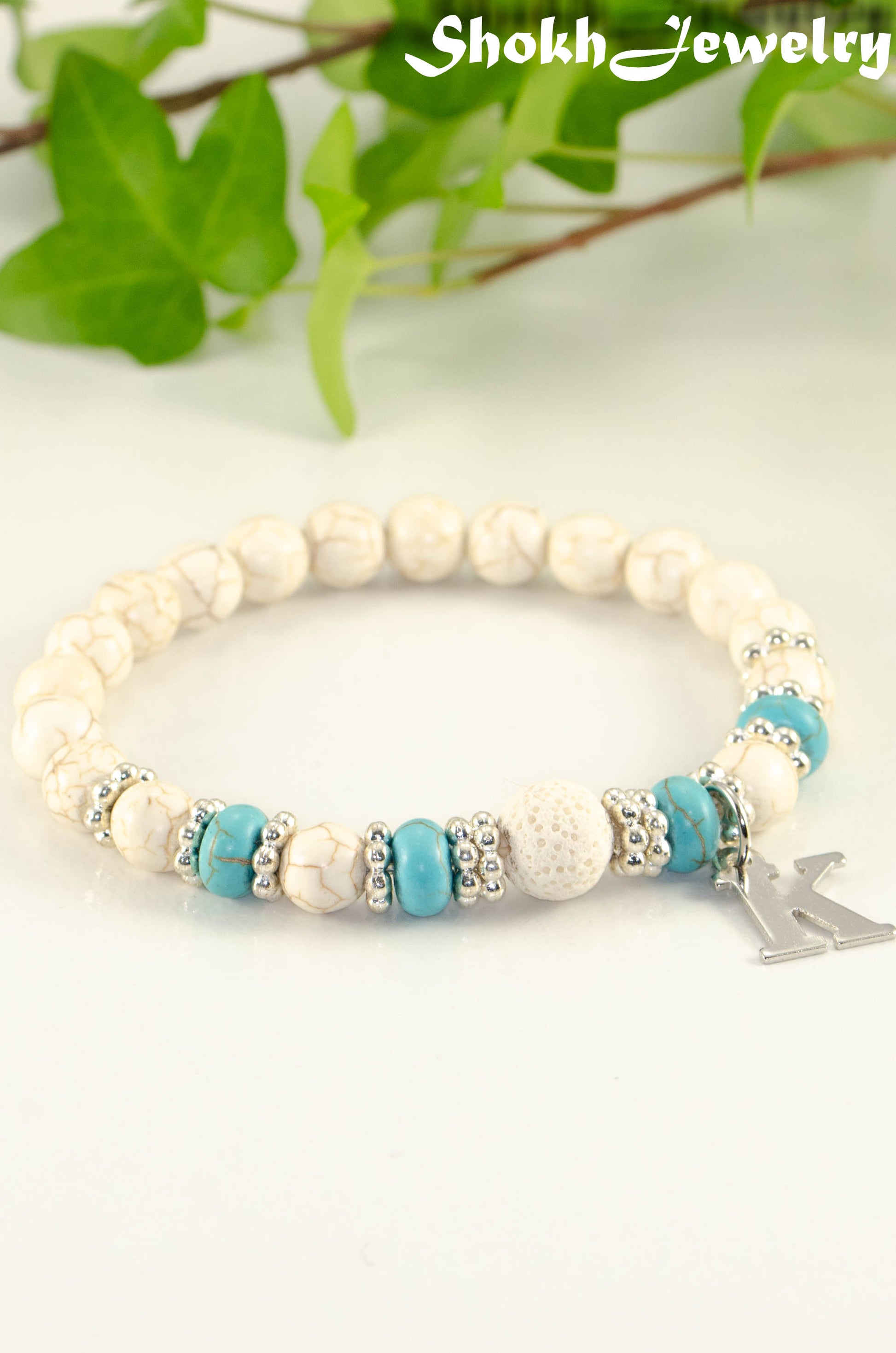 White Howlite and Lava Stone Bracelet with Initial.