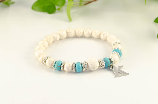 White Howlite and Lava Stone Bracelet with Initial.