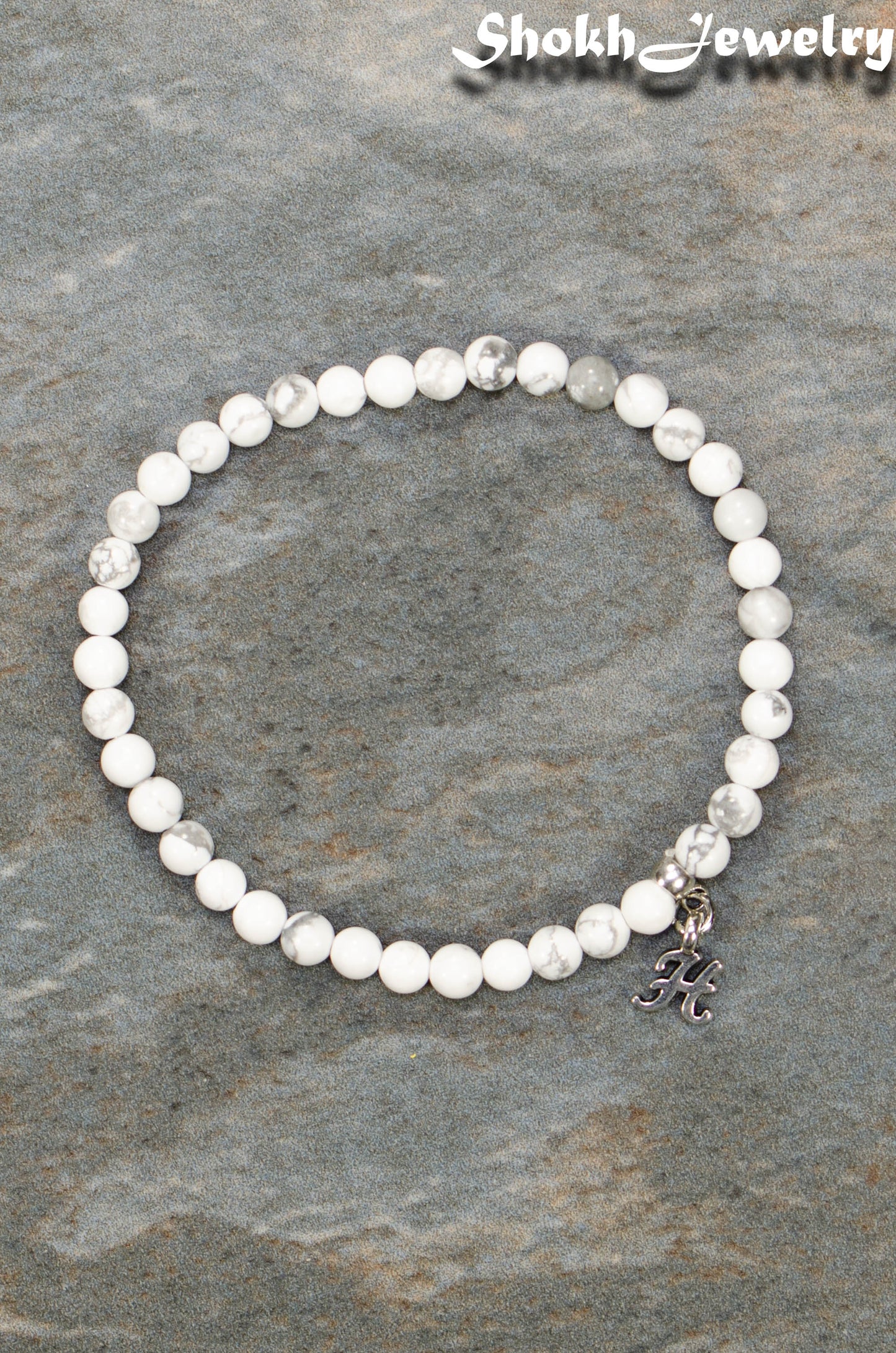 Top view of 4mm White Howlite Bracelet with Initial.