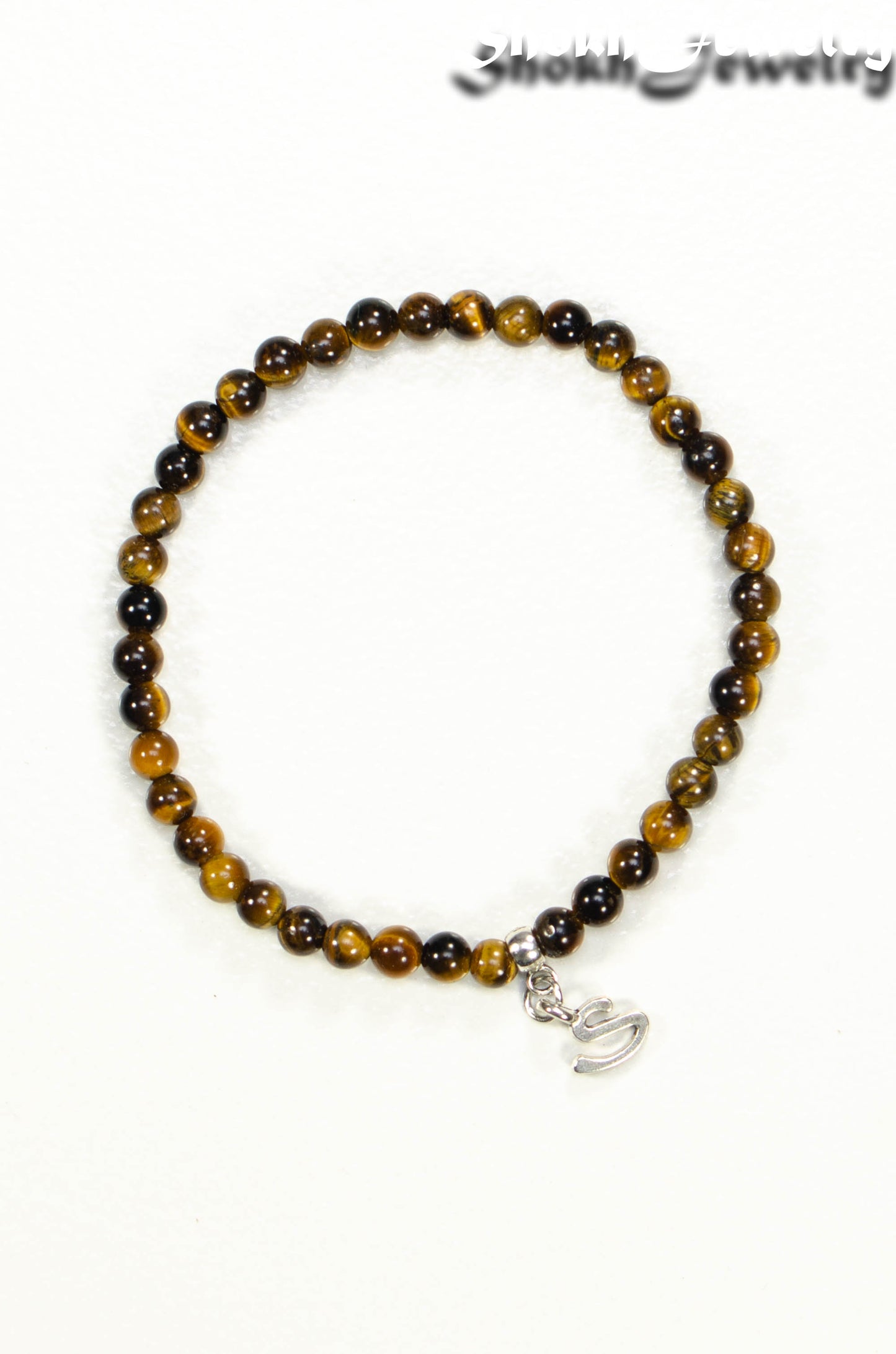 Top view of 4mm Tiger's Eye Bracelet with Initial.