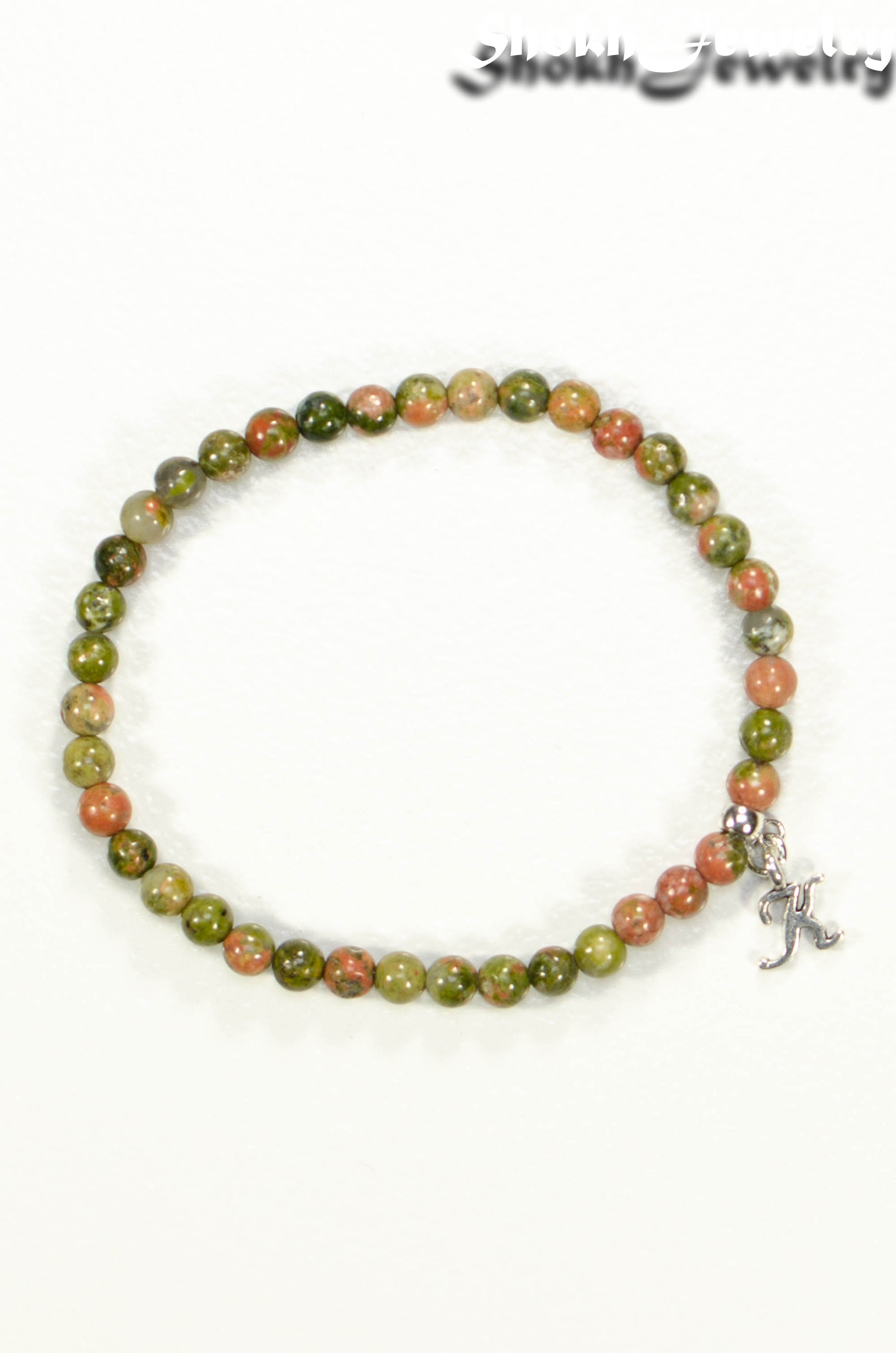 Top view of 4mm Unakite Bracelet with Initial.