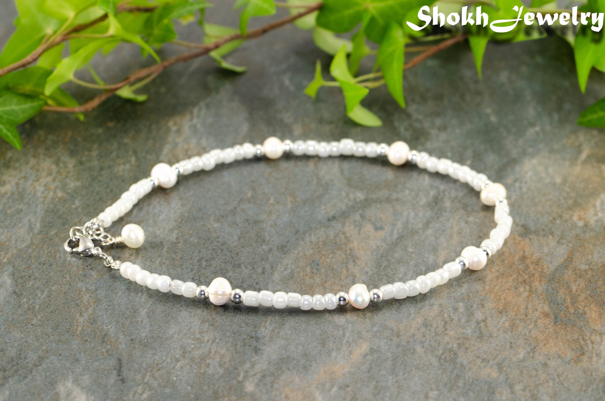 Freshwater Pearl and Seed Bead Anklet with silver plated beads