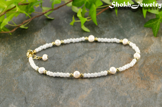 Freshwater Pearl and Seed Bead Anklet with gold colour beads