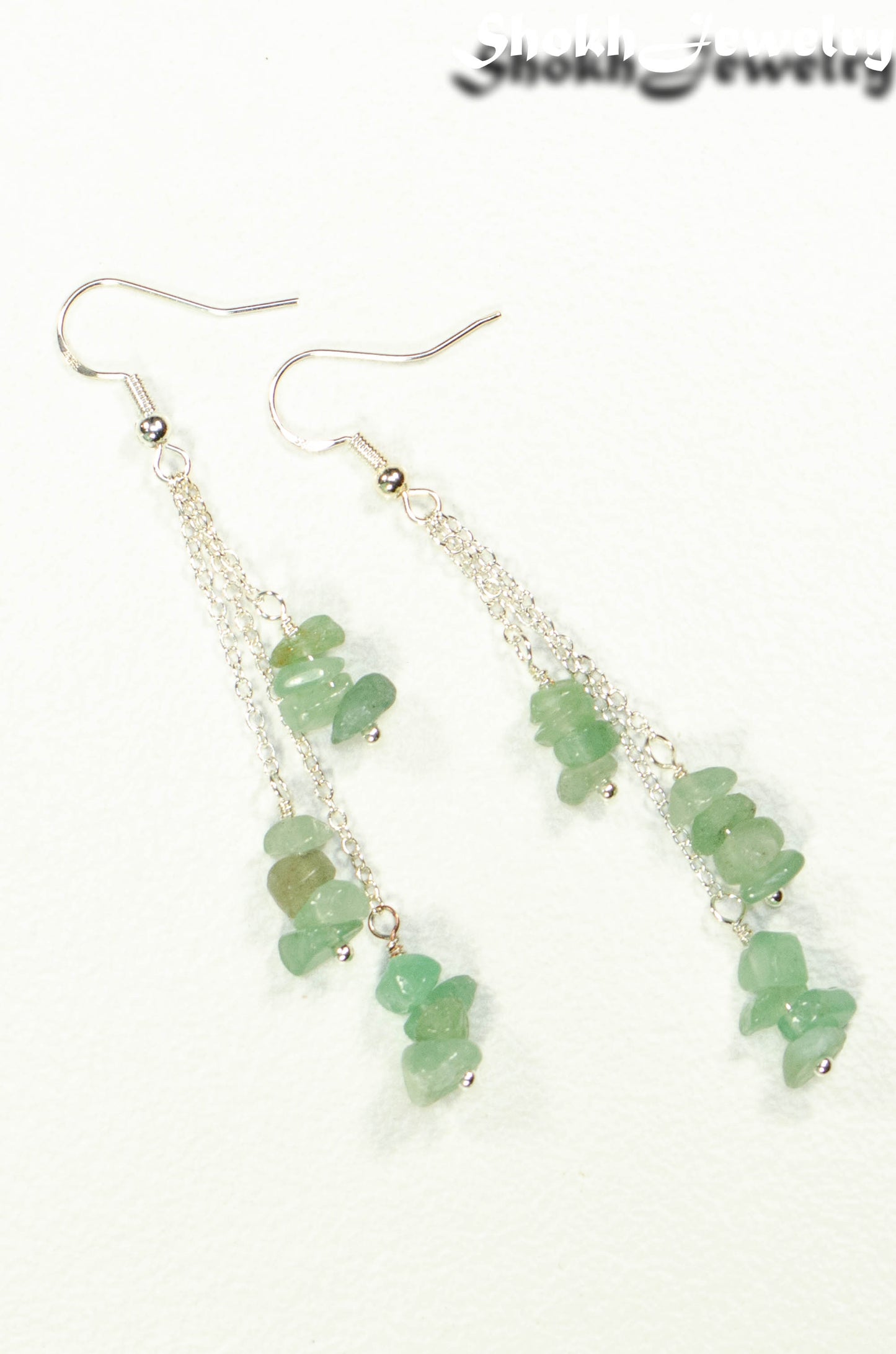 Long Silver Plated Chain and Green Aventurine Crystal Chip Earrings