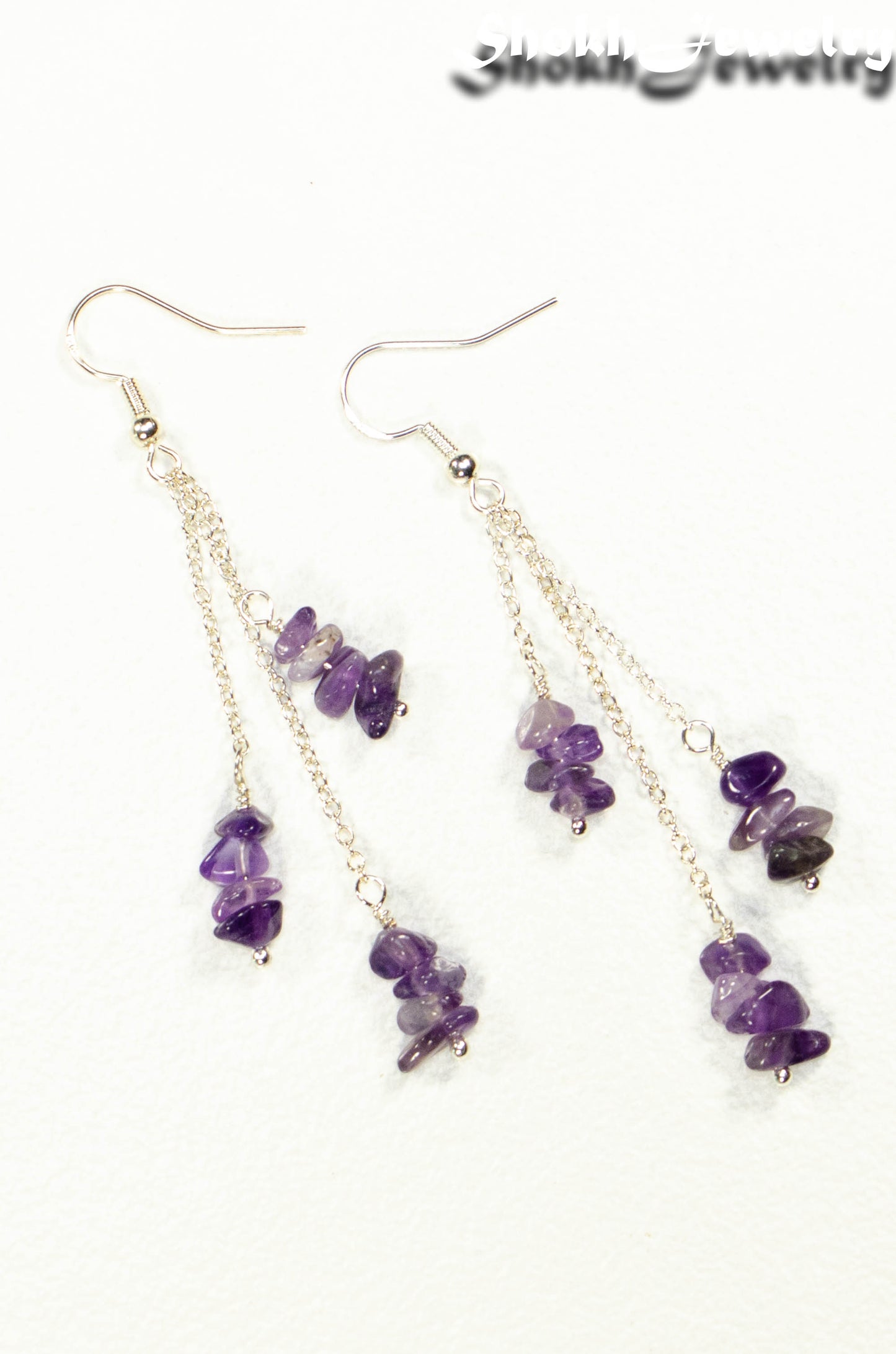 Long Silver Plated Chain and Amethyst Crystal Chip Earrings