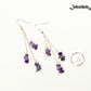 Long Silver Plated Chain and Amethyst Crystal Chip Earrings beside a dime