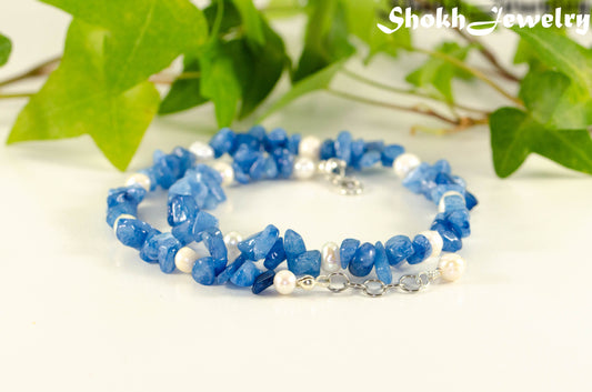 Natural Blue Quartzite Crystal Chip and Pearl Anklet