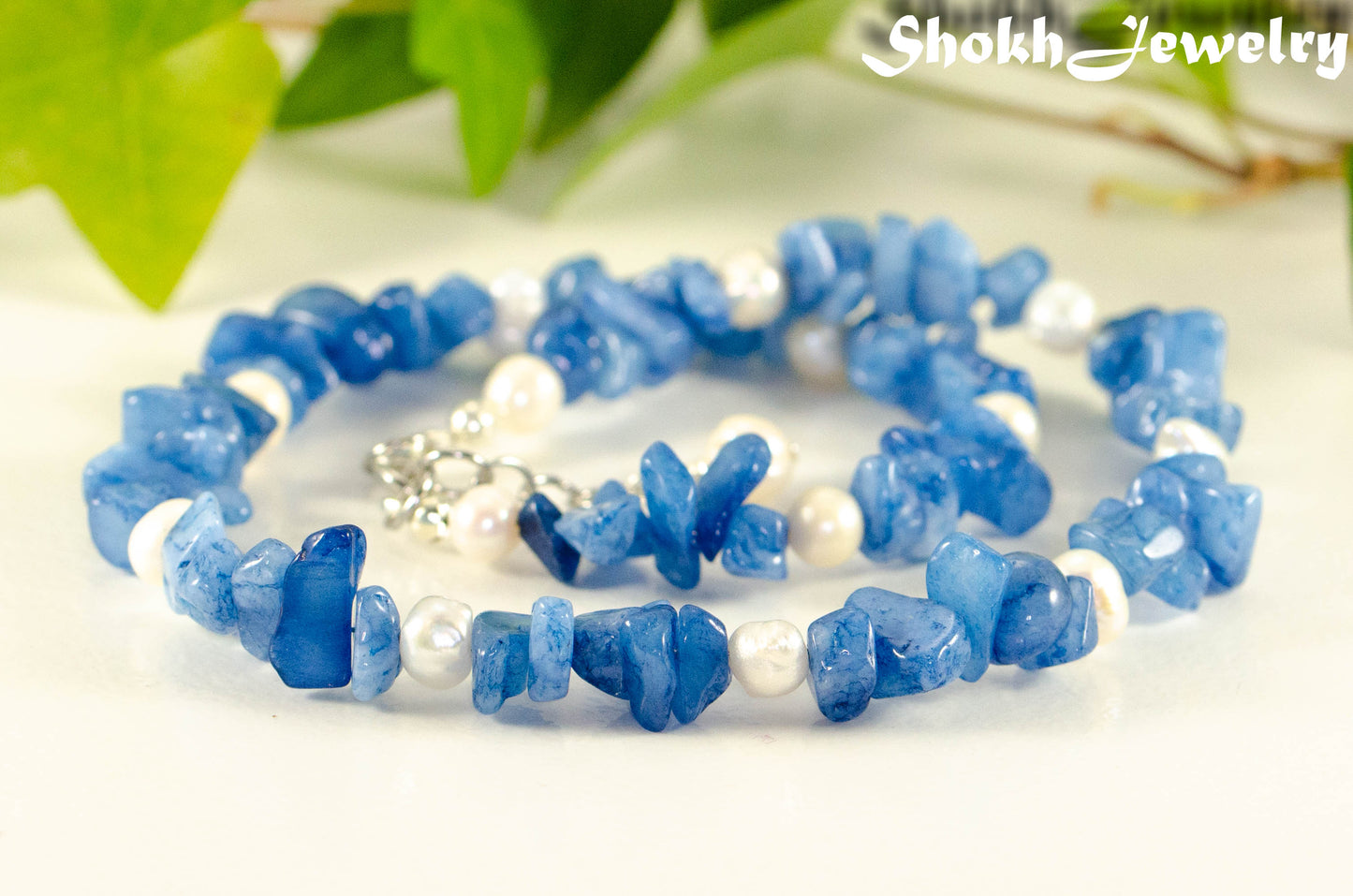 Close up of Natural Blue Quartzite Crystal Chip and Pearl Anklet.