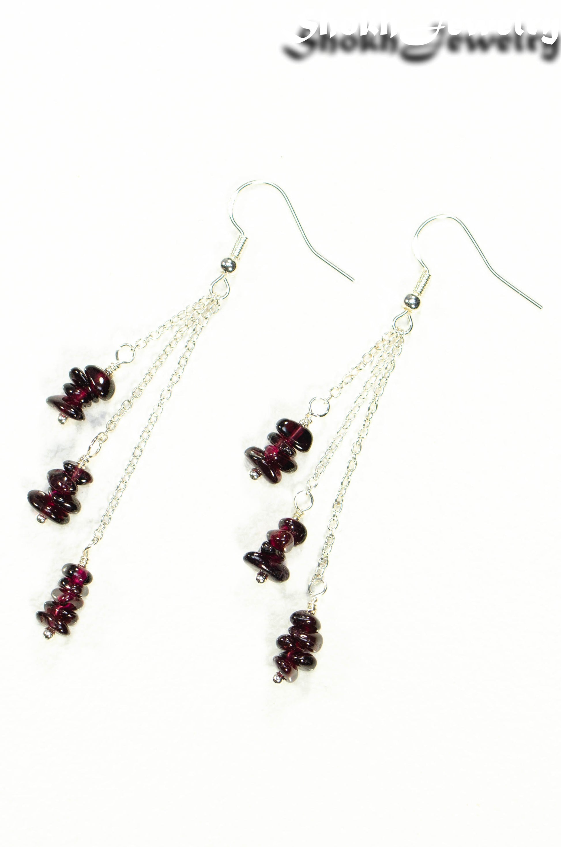 Long Silver Plated Chain and Garnet Crystal Chip Earrings