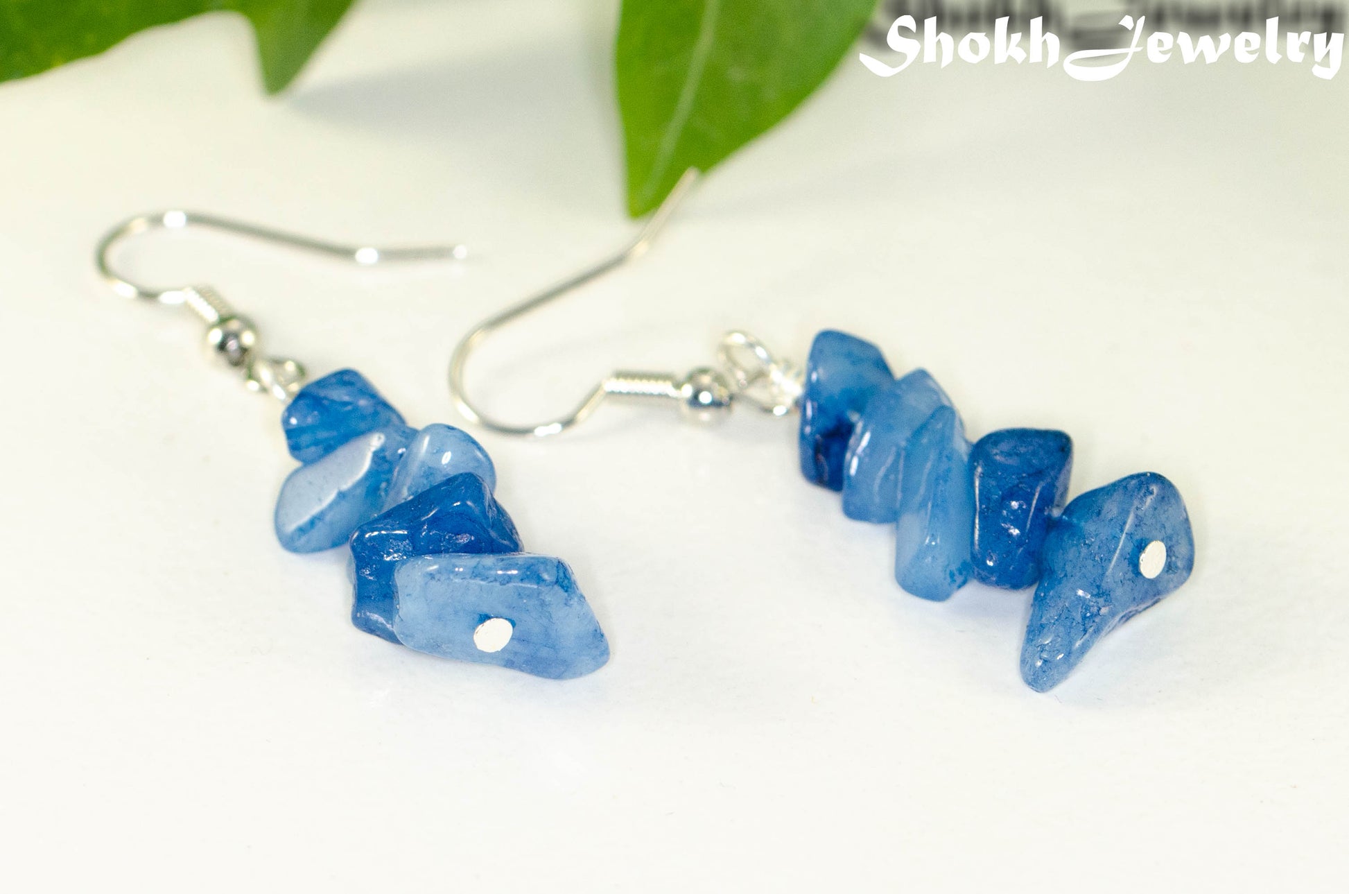 Close up of Simple Blue Quartzite Crystal Chip Earrings.