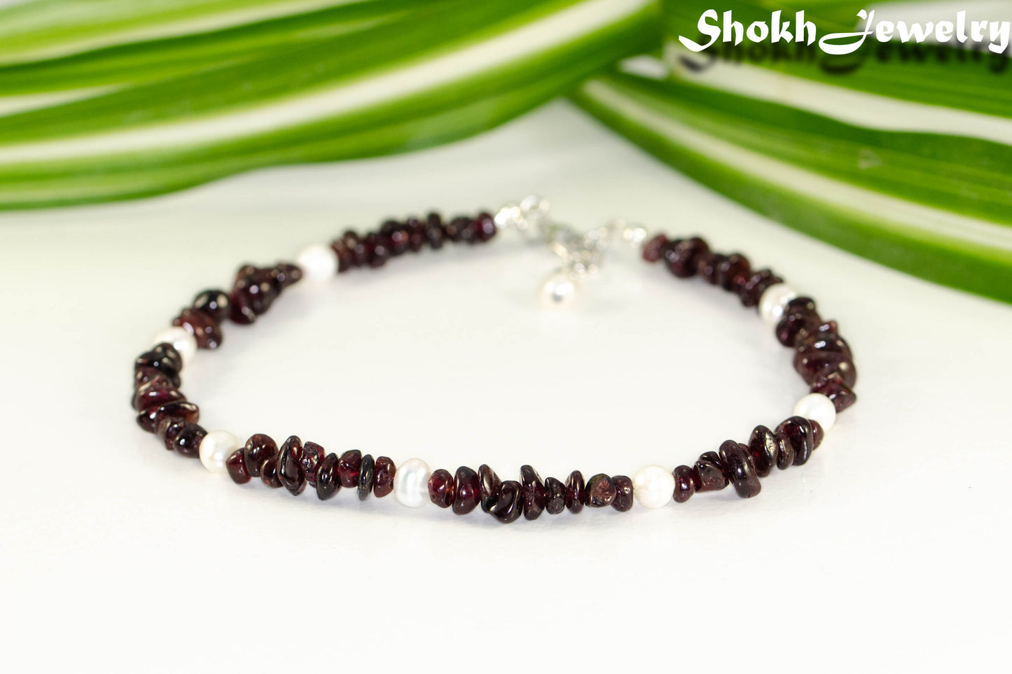 Natural Garnet Crystal Chip and Pearl Anklet.