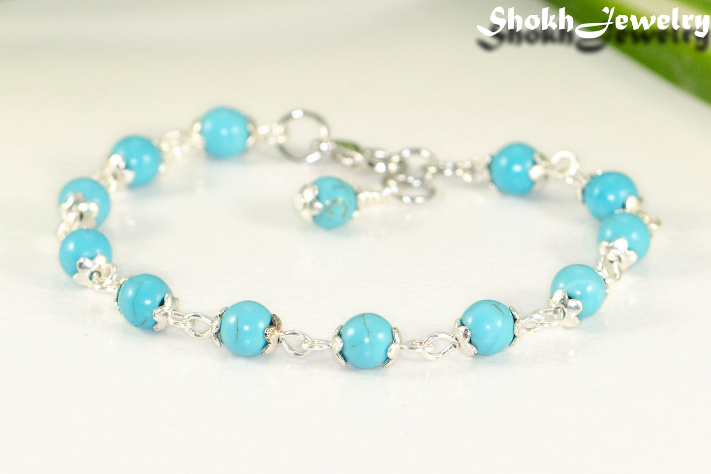 Close up of 6mm Turquoise Howlite Bracelet.