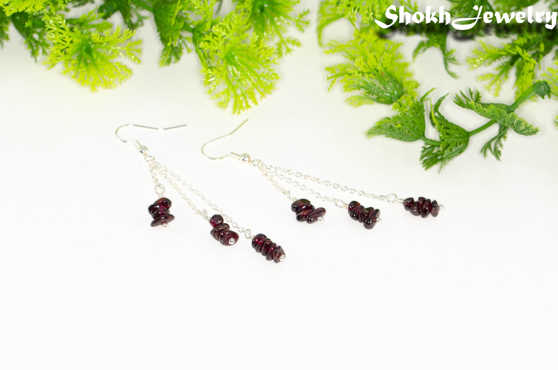 Long Silver Plated Chain and Garnet Crystal Chip Earrings