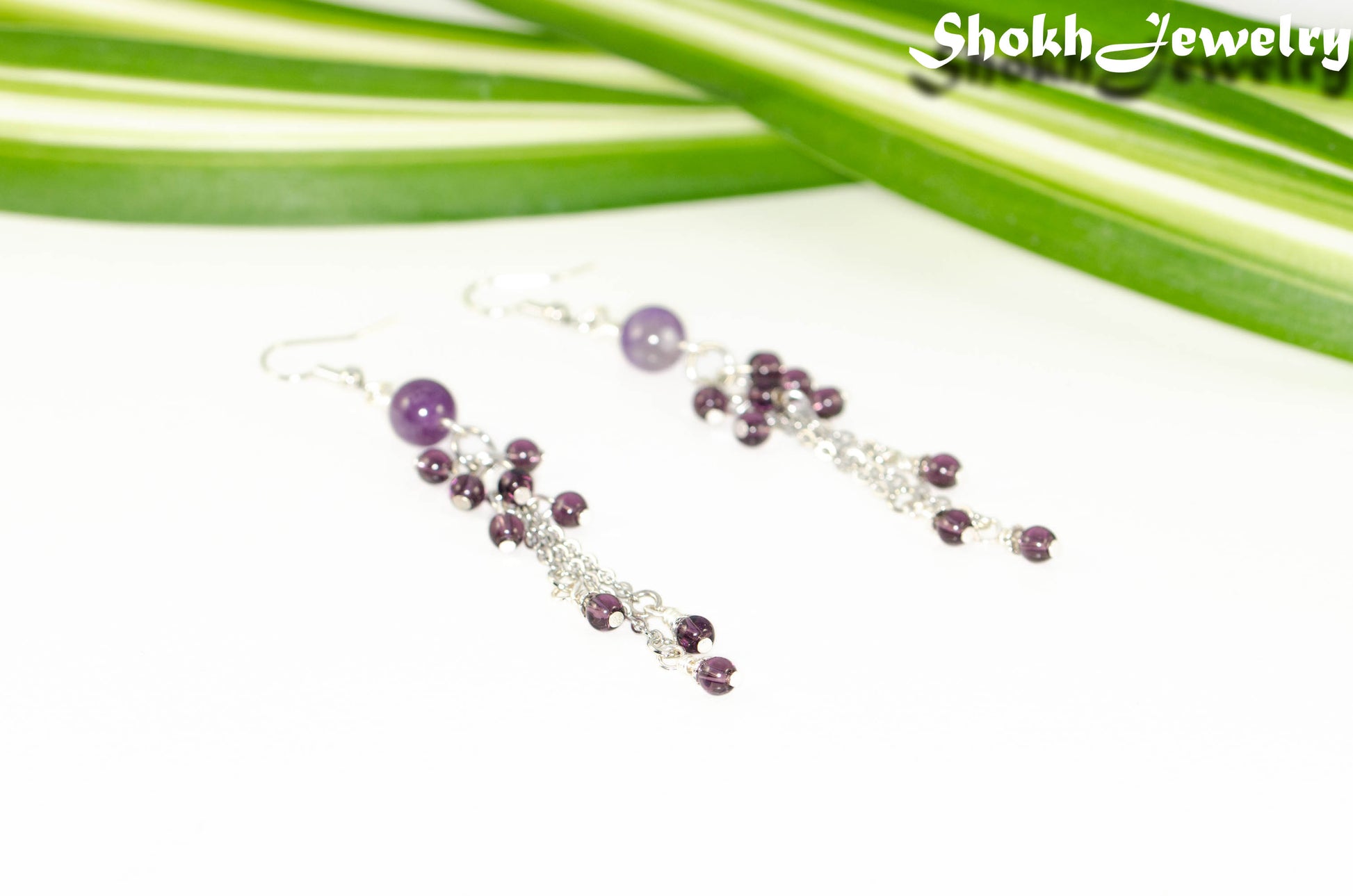 Long Stainless Steel Chain and Amethyst Earrings.