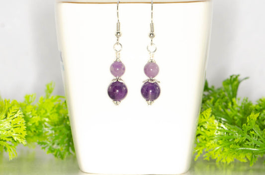 Small Natural Amethyst Crystal Earrings on a tea cup