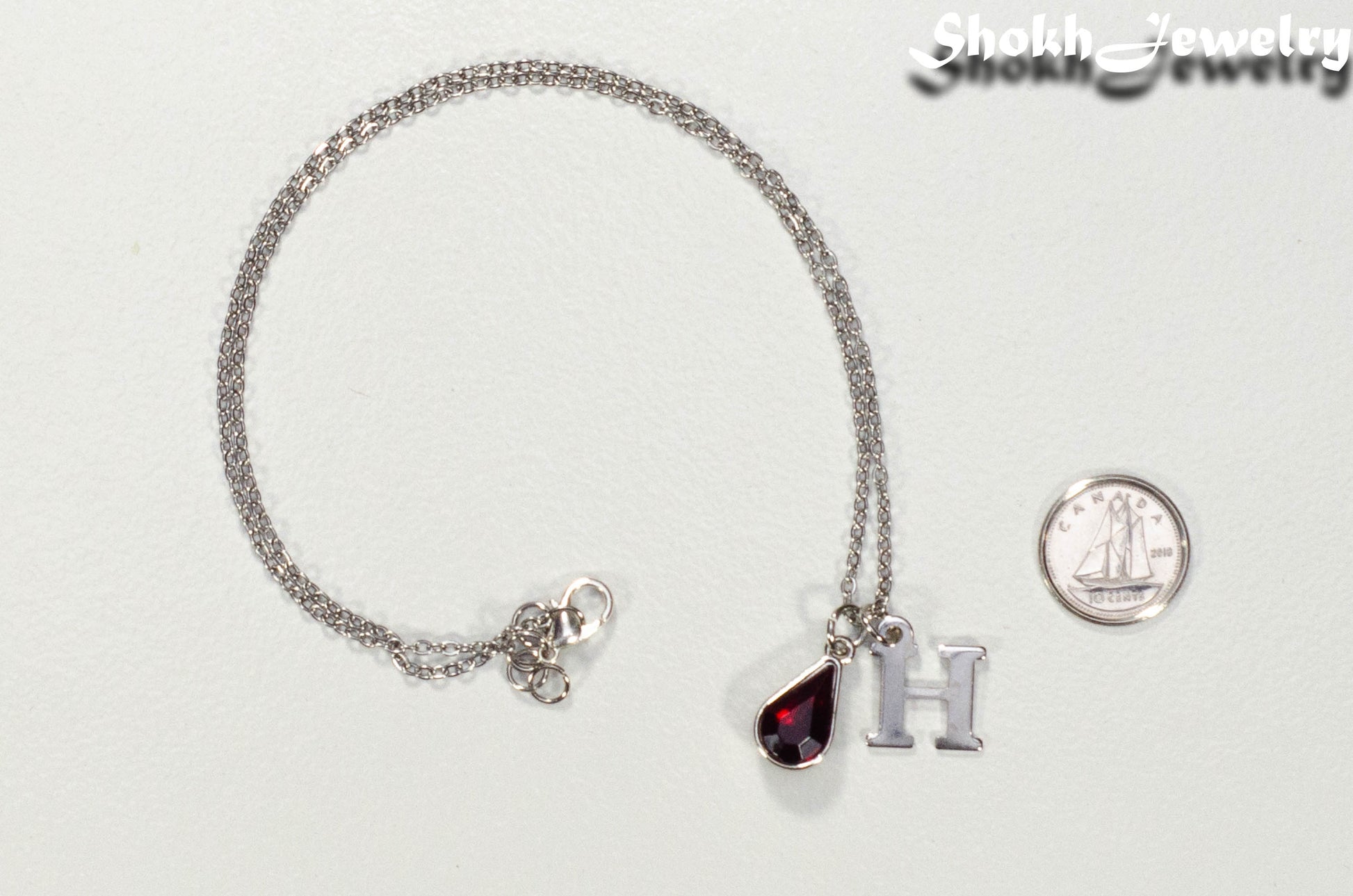 Personalized January Birthstone Choker Necklace beside a dime