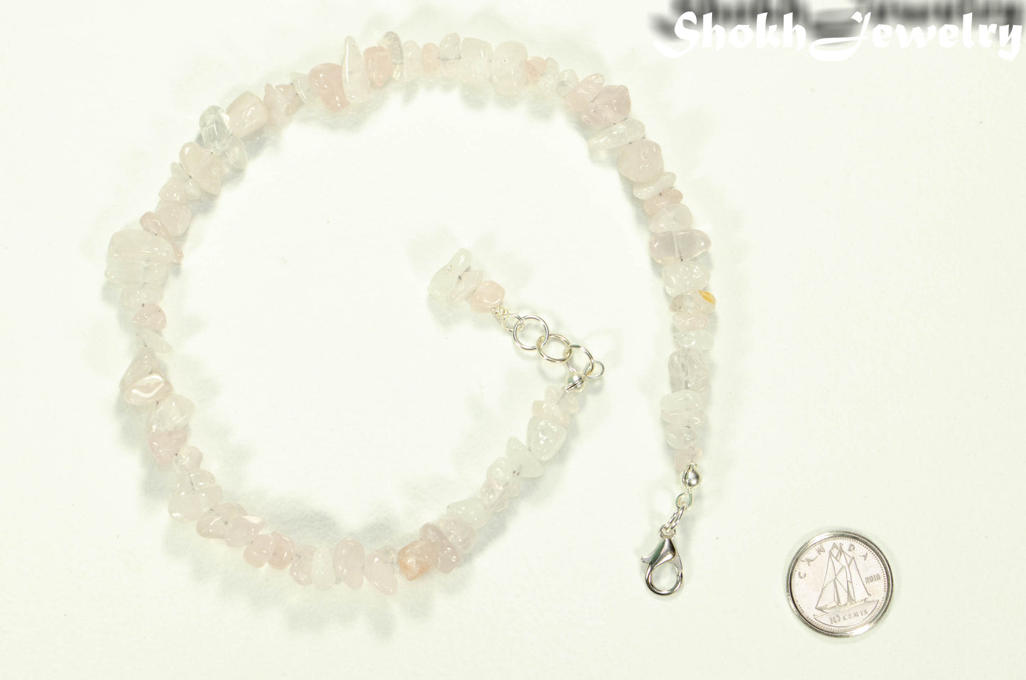 Top view of Natural Rose Quartz Crystal Chip Anklet.