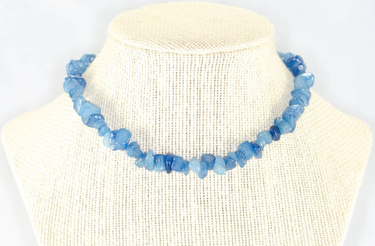 Natural Blue Quartzite Crystal Chip Choker Necklace displayed on a bust