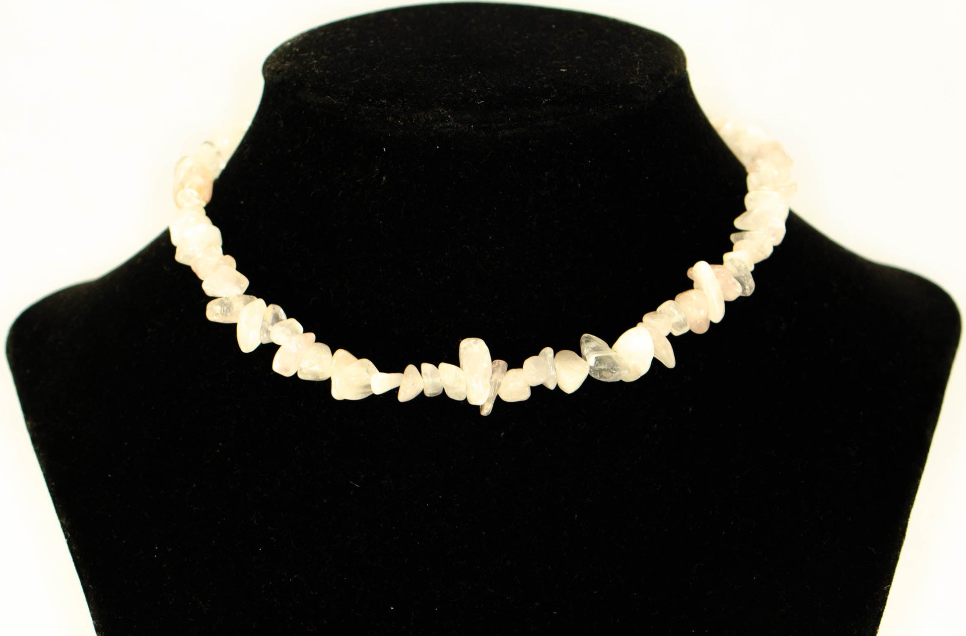 Natural Rose Quartz Crystal Chip Choker Necklace on a bust