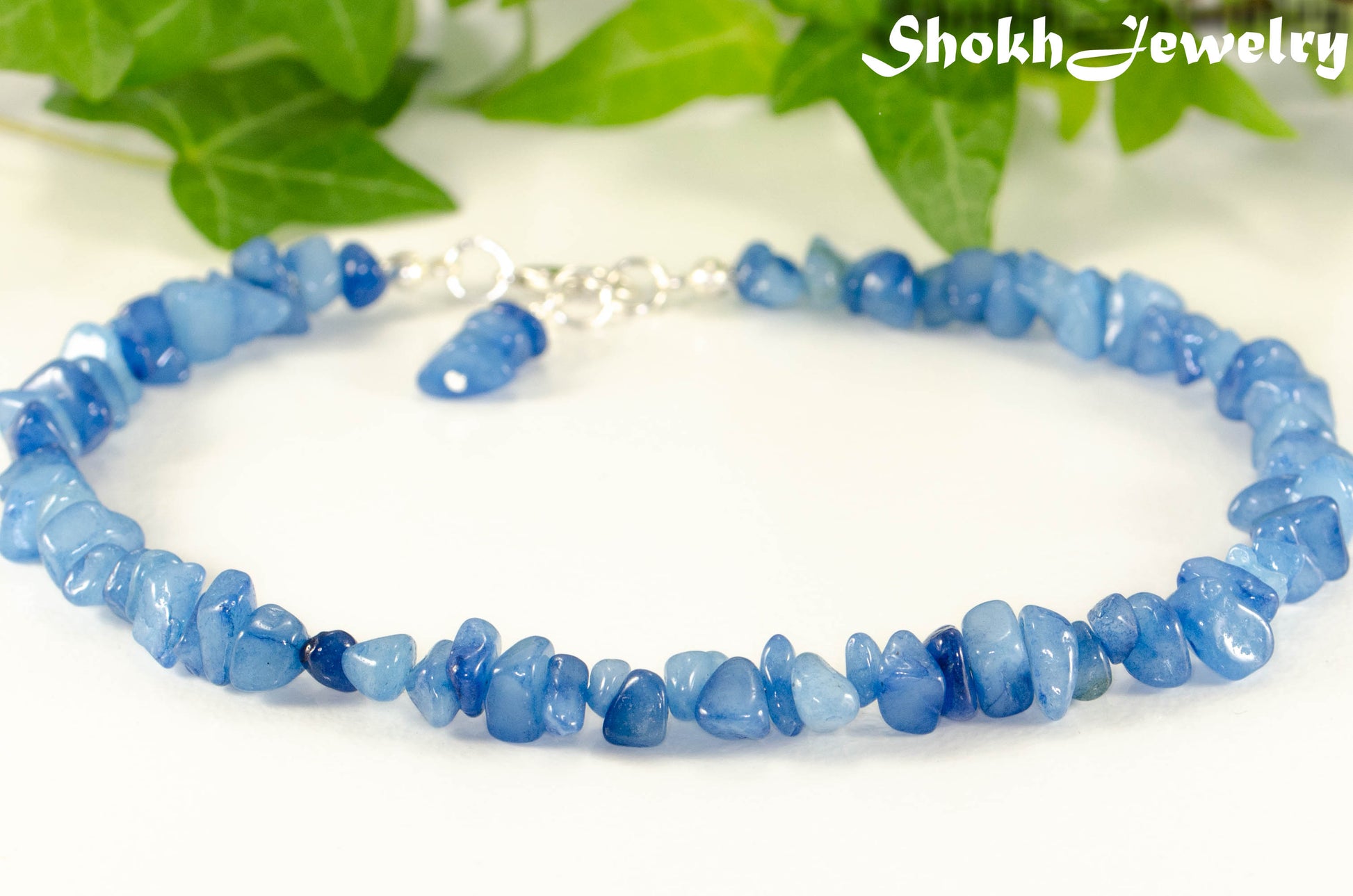 Close up of Natural Blue Quartzite Crystal Chip Choker Necklace