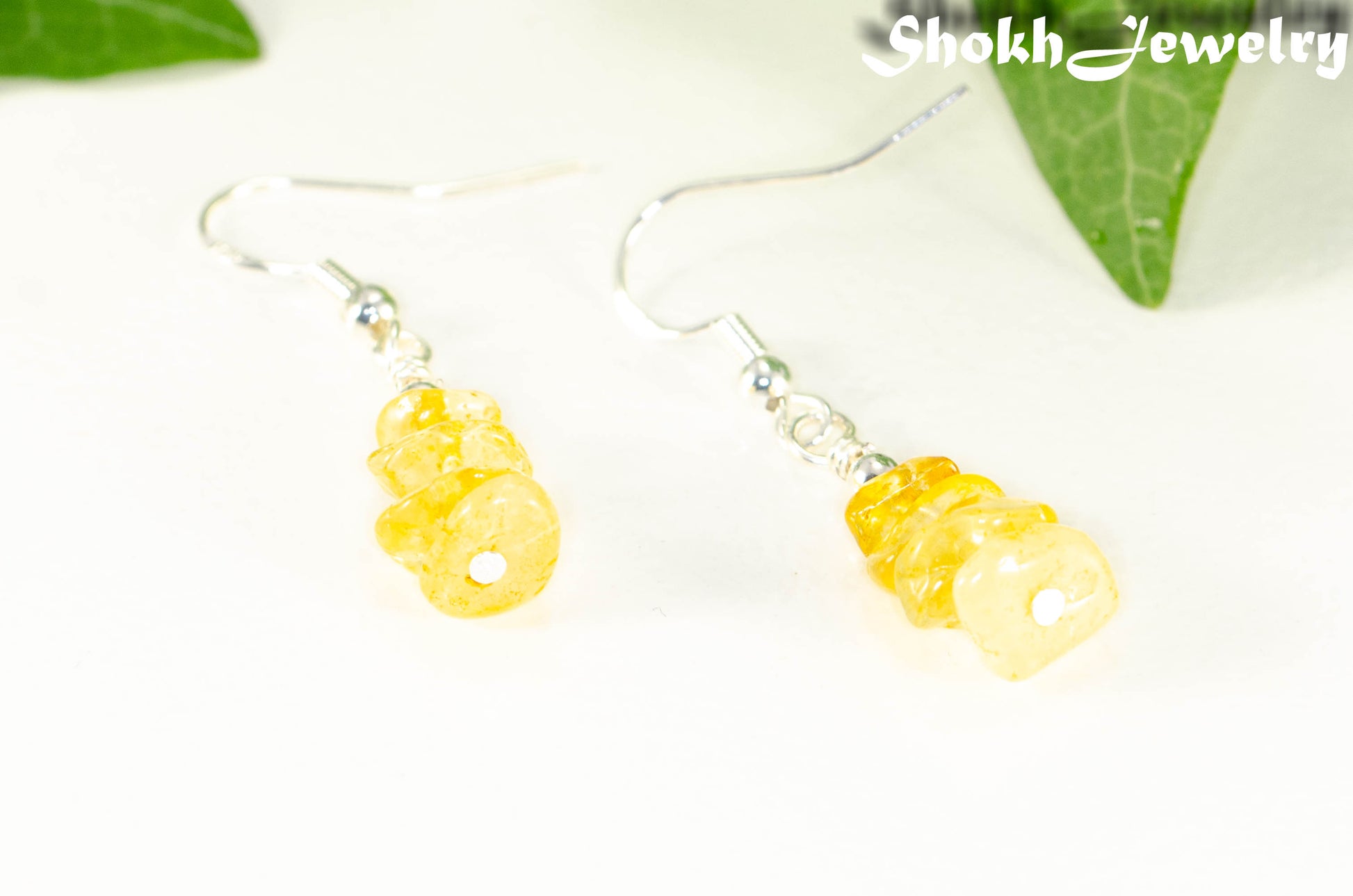 Close up of Simple Citrine Crystal Chip Earrings.