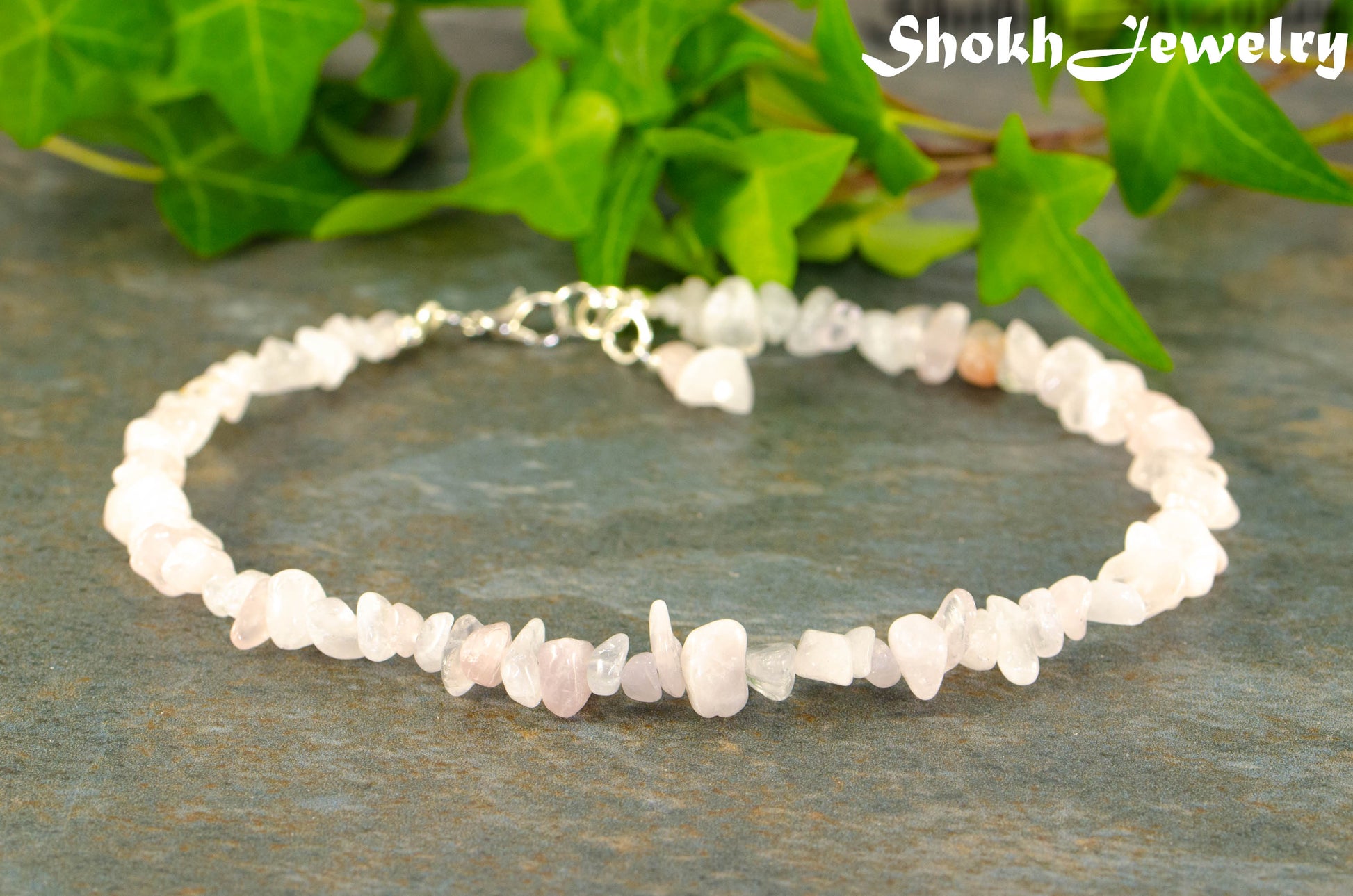 Close up of Natural Rose Quartz Crystal Chip Choker Necklace