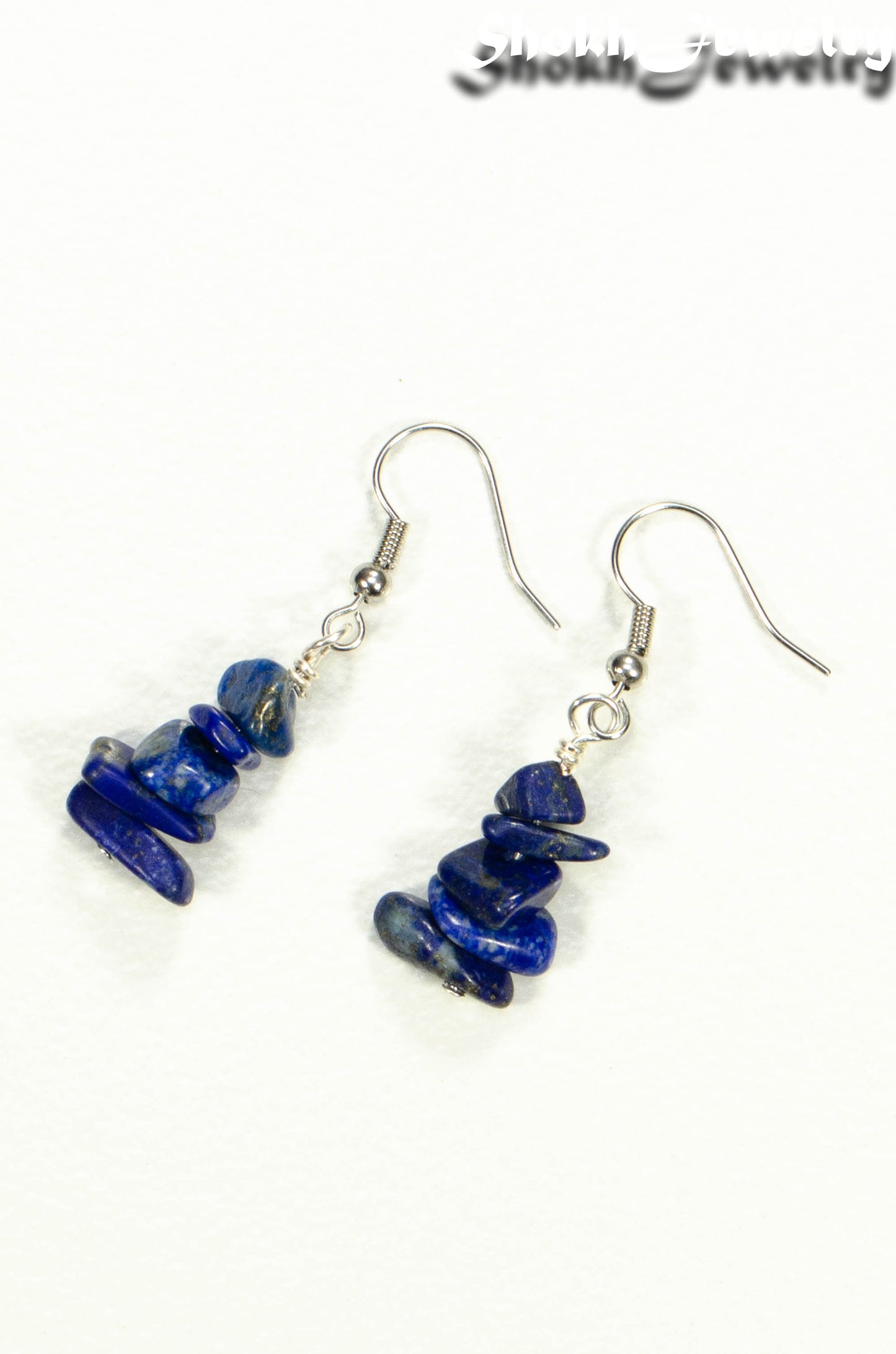 Top view of Simple Lapis Lazuli Crystal Chip Earrings.