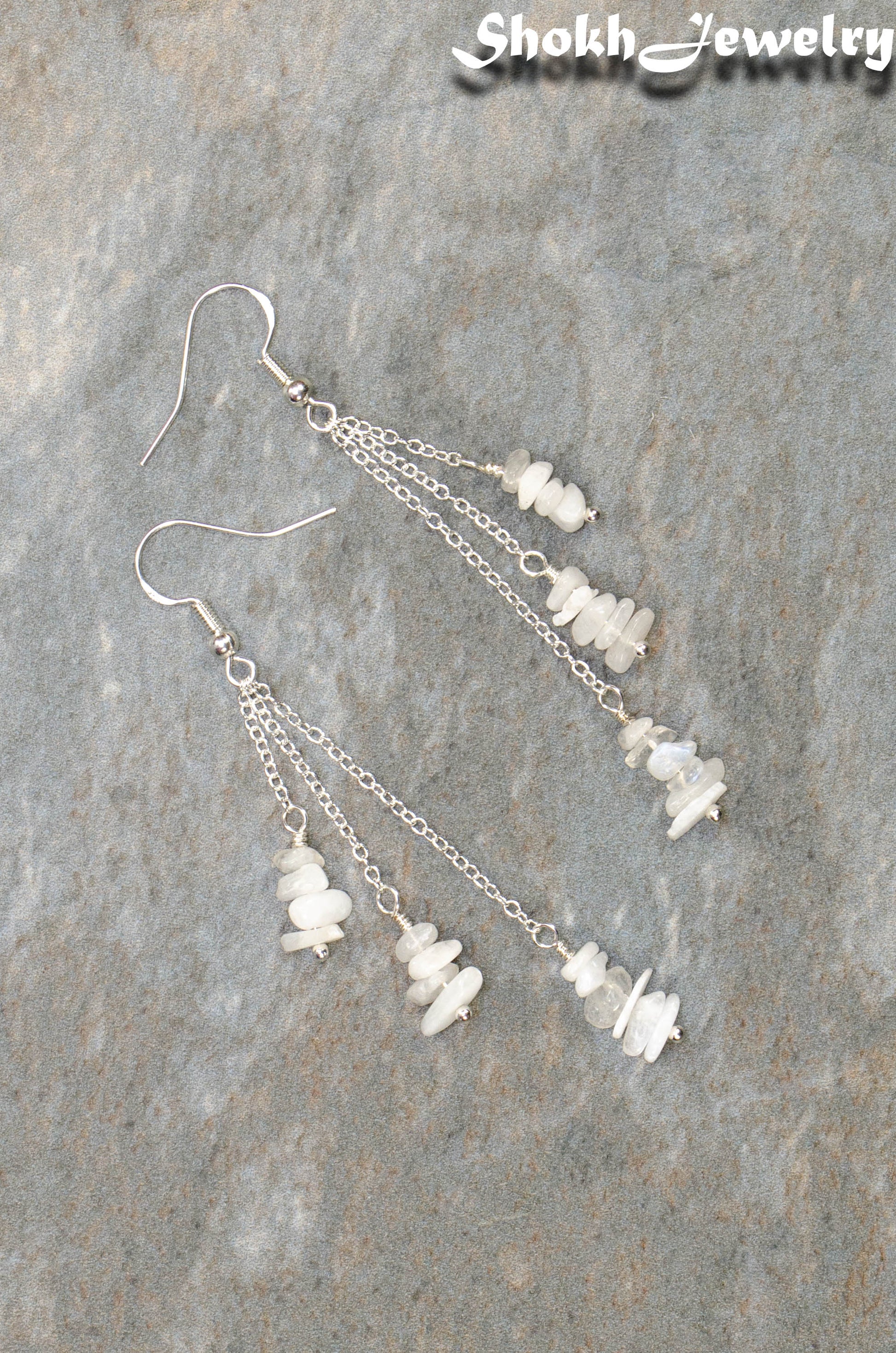 Long Silver Plated Chain and Moonstone Chip Earrings