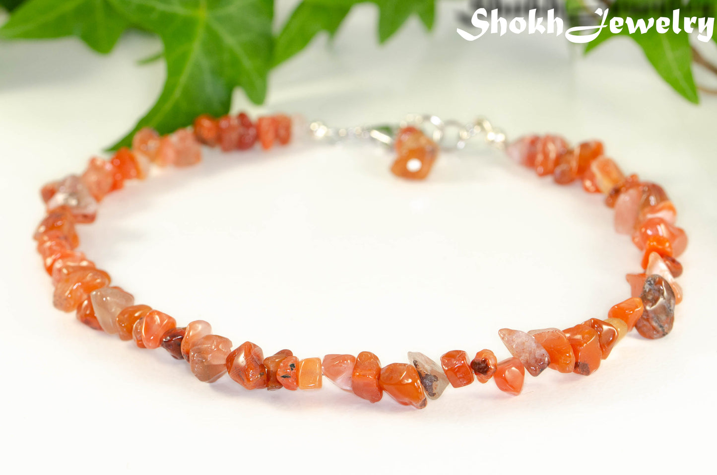 Close up of Natural Carnelian Crystal Chip Choker Necklace